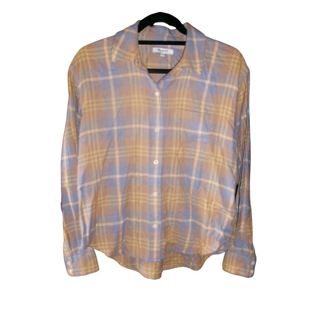 Madewell Women's Plaid Flannel Button Down Shirt Blue Tan Yellow Size Small